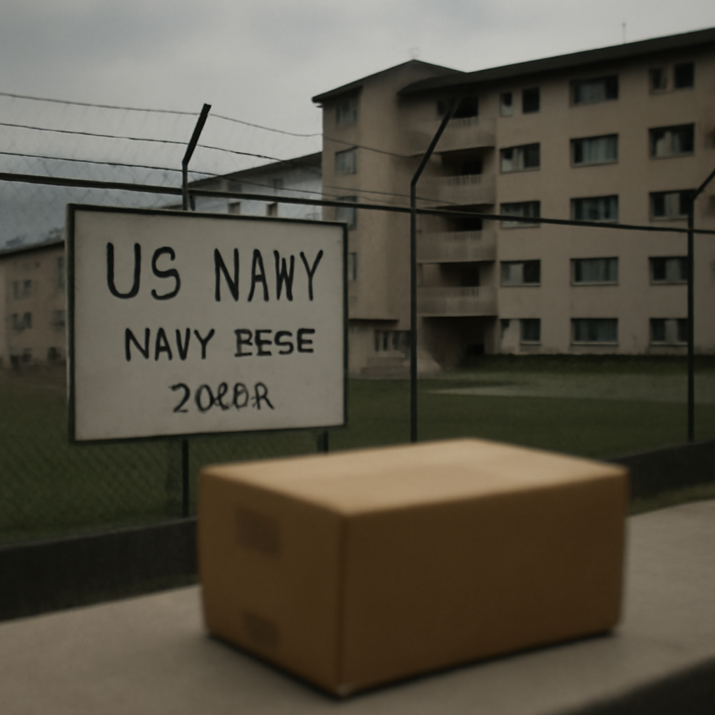 US Navy base in Japan with barracks in background and blurred package in foreground.