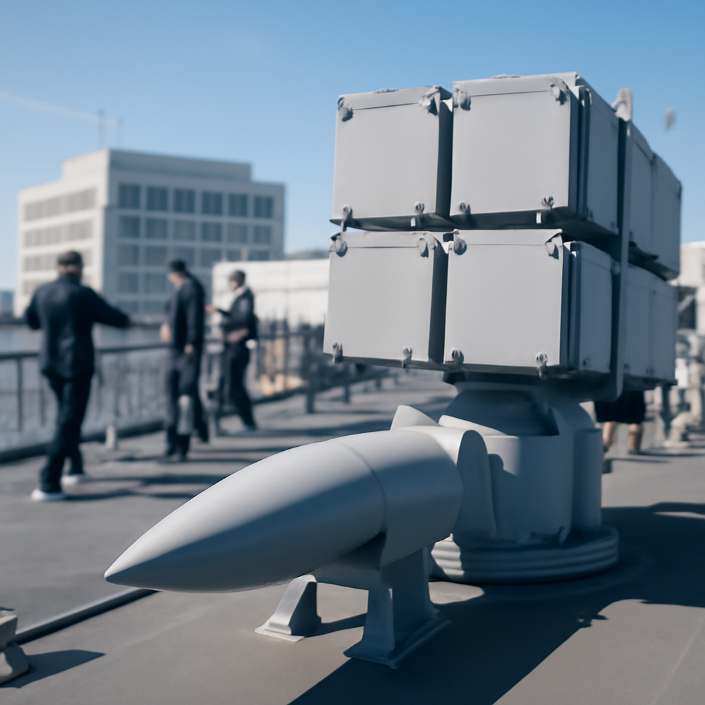 US Navy personnel stand on a ship deck with a missile launcher in the foreground.