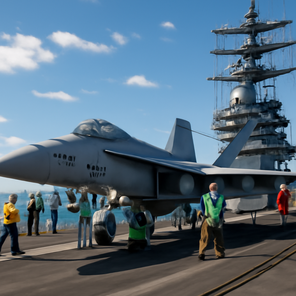 US Navy aircraft carrier flight deck with crew and aircraft.