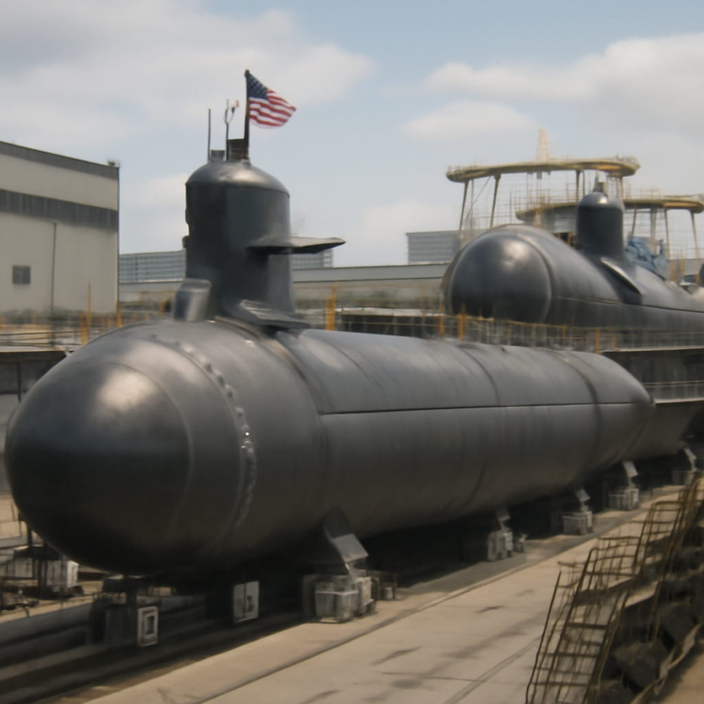 US Navy submarine in dry dock with Virginia-class submarine in background.