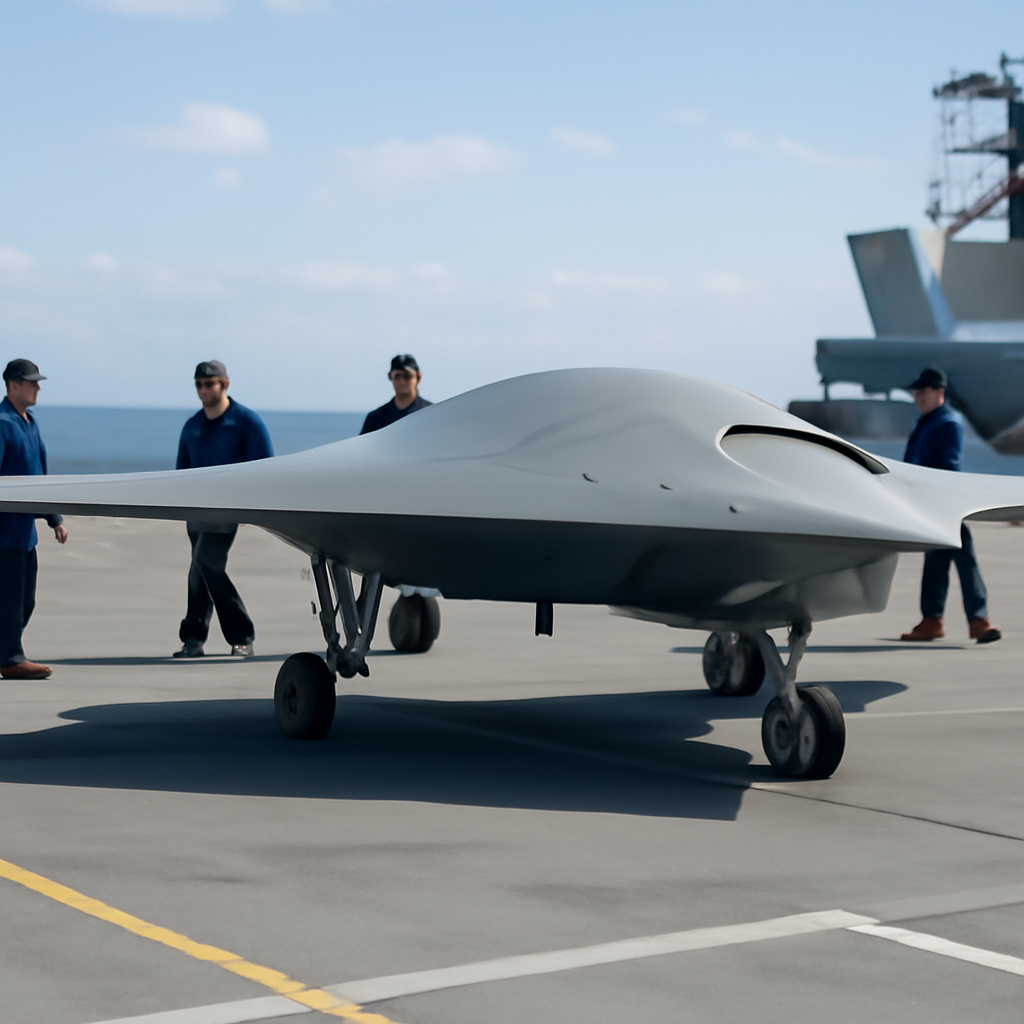 Futuristic combat drone on a naval airbase surrounded by US Navy personnel.