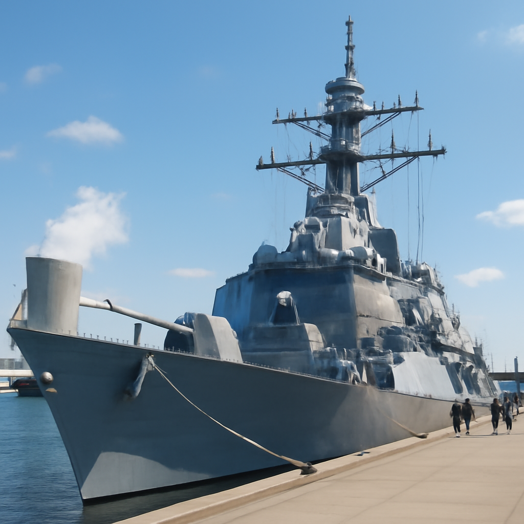 Modern warship docked in naval port with sailors in distance.