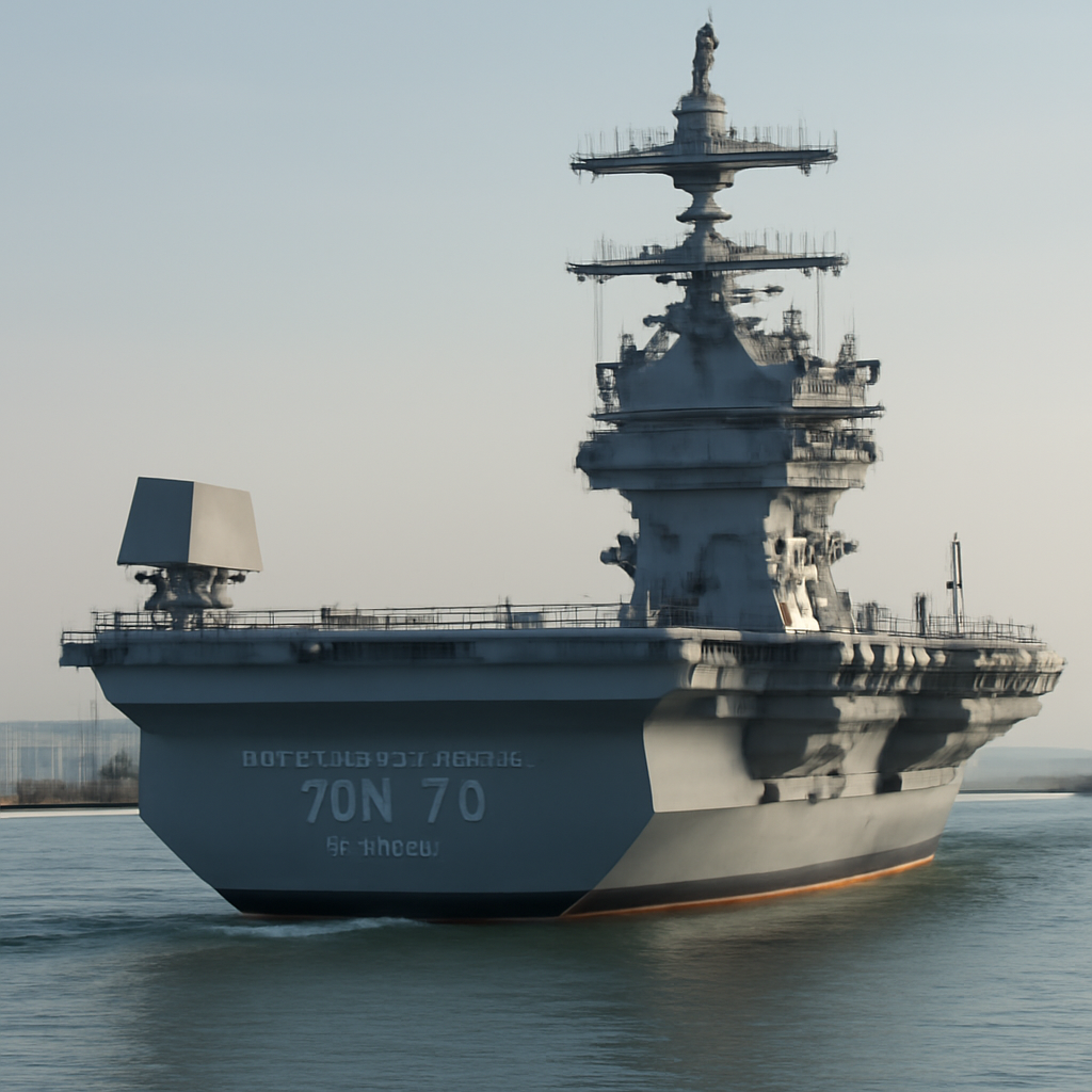 USS John F. Kennedy aircraft carrier sailing away from shipyard with Mk 95 radar illuminator unit visible.