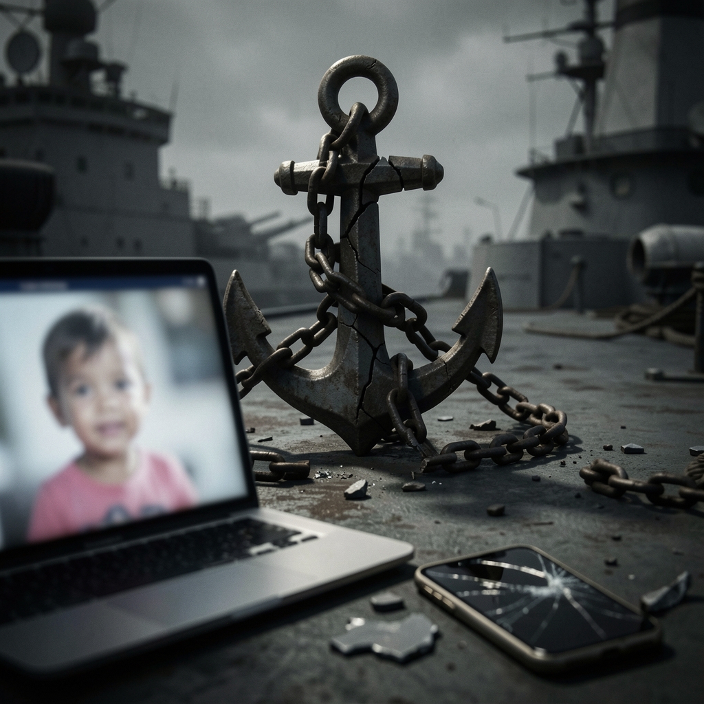 Dimly lit anchor with cracked chain, laptop screen in foreground shows distorted image of a child.