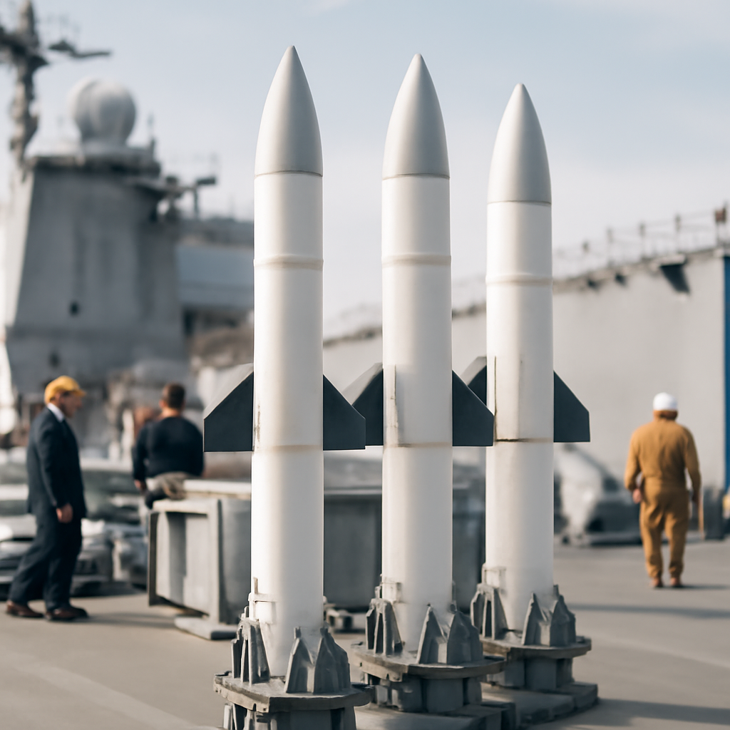US Navy personnel stand near SM-6 missile canisters on a ship deck or defense facility.