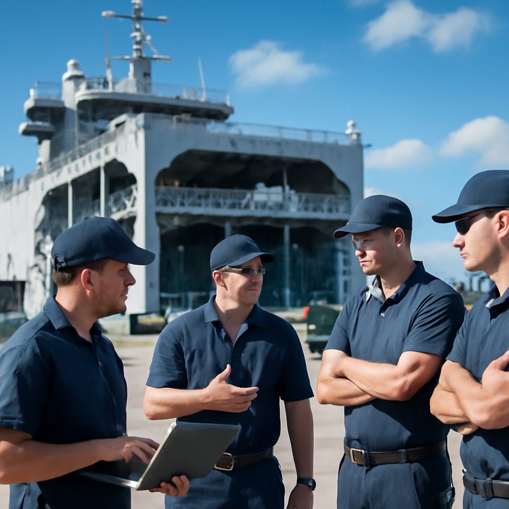 Large naval vessel docked with support equipment and personnel nearby.