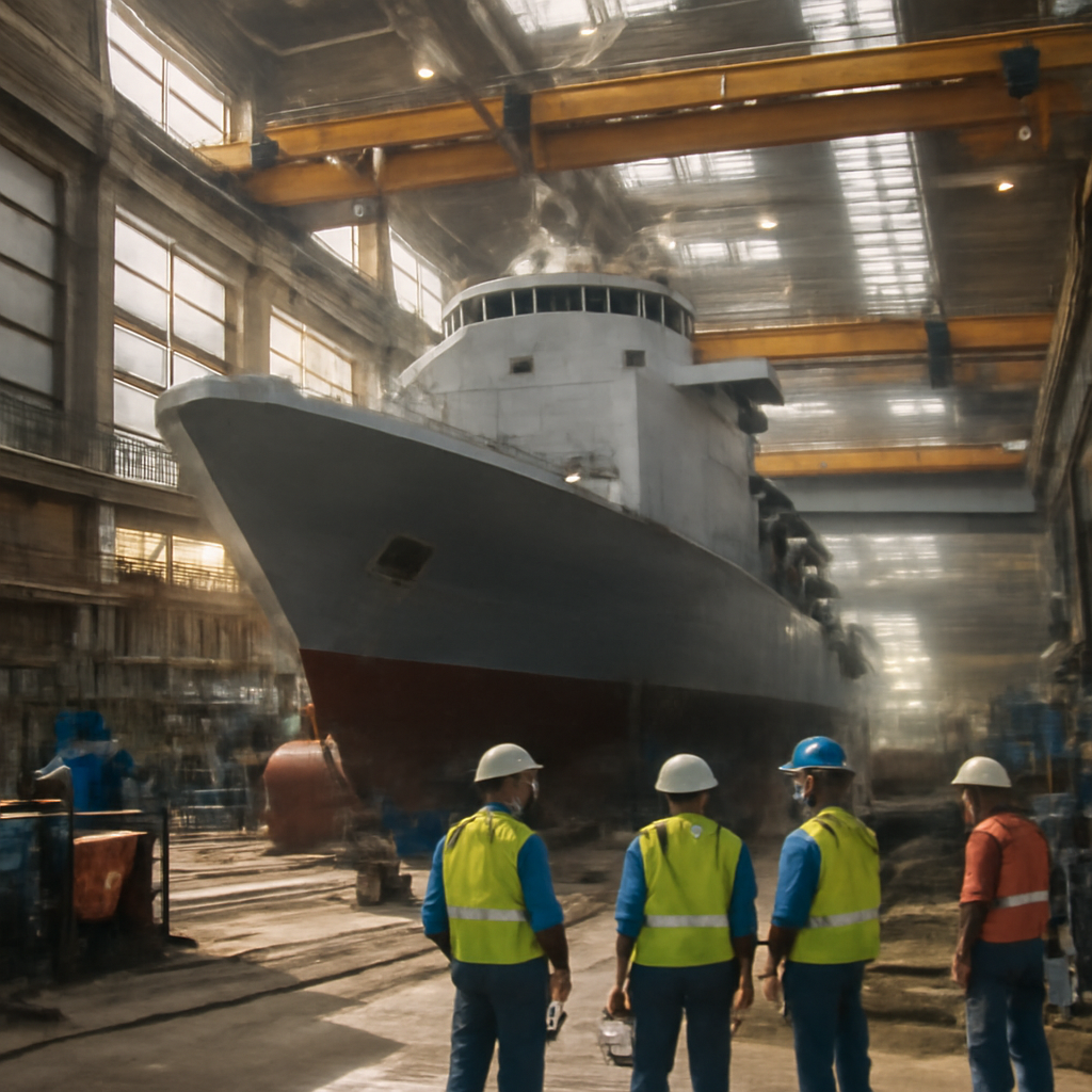 Workers in a brightly-lit shipbuilding facility with a large naval ship under construction.