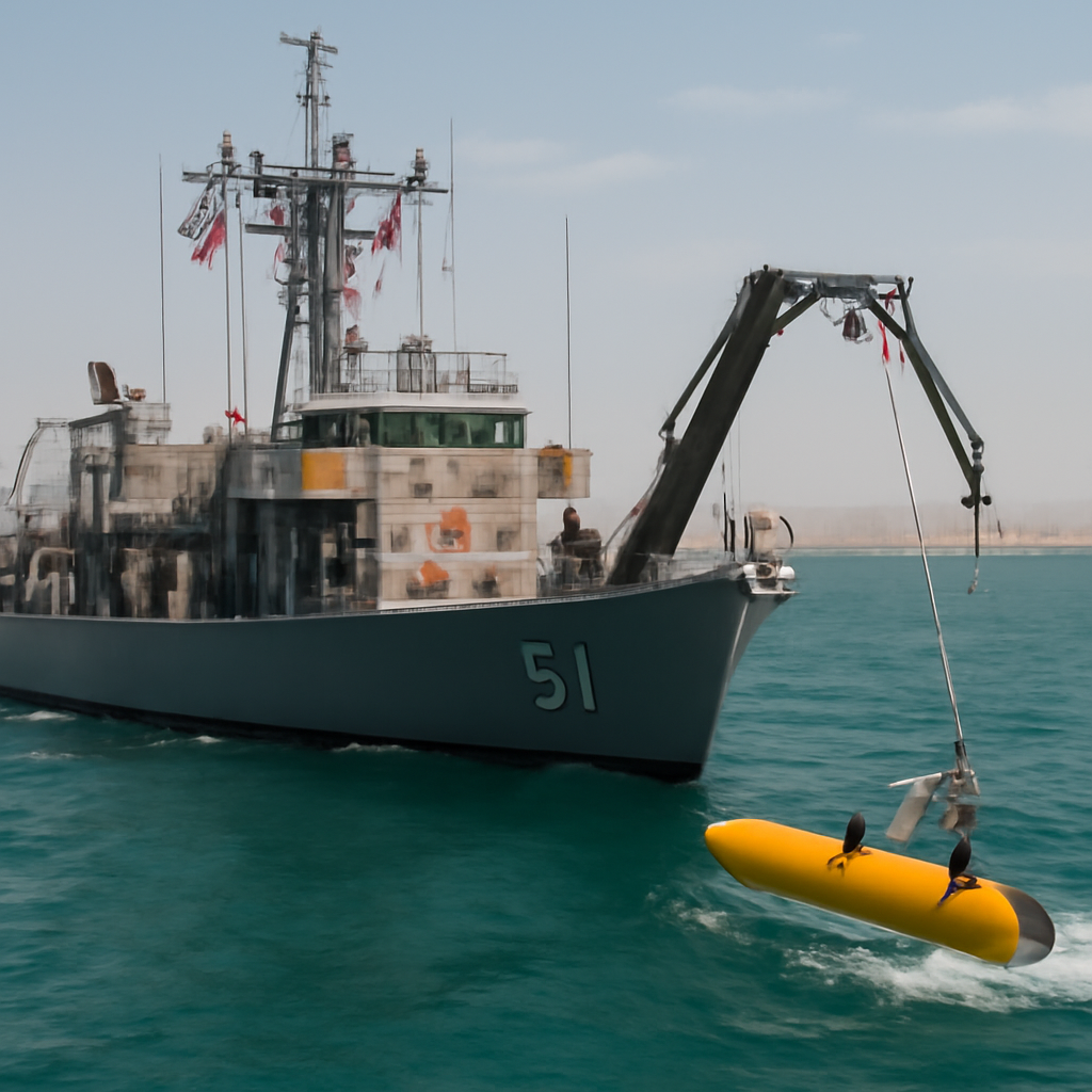 US Navy vessel in narrow waterway deploying robotic mine-hunting system.