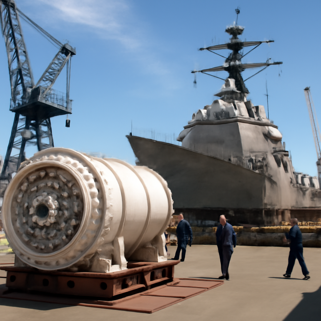 US Navy shipyard with battleship hull under construction, featuring nuclear propulsion component.