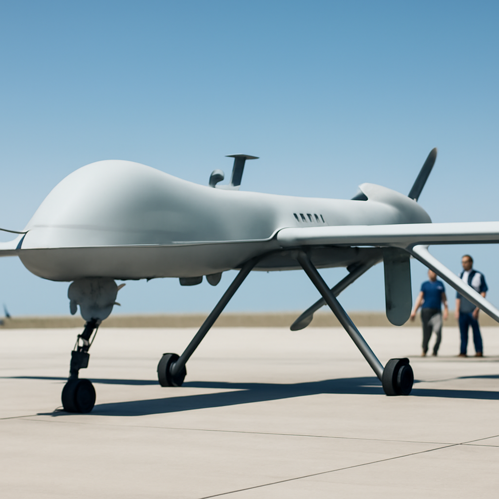 MQ-1 Predator aircraft on a sunny tarmac with a few people in the background.