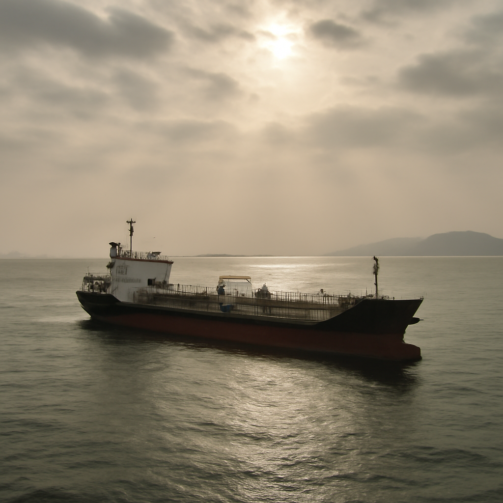 A lone cargo ship transits the Strait of Hormuz under partly cloudy skies with distant vessels anchored in the background.