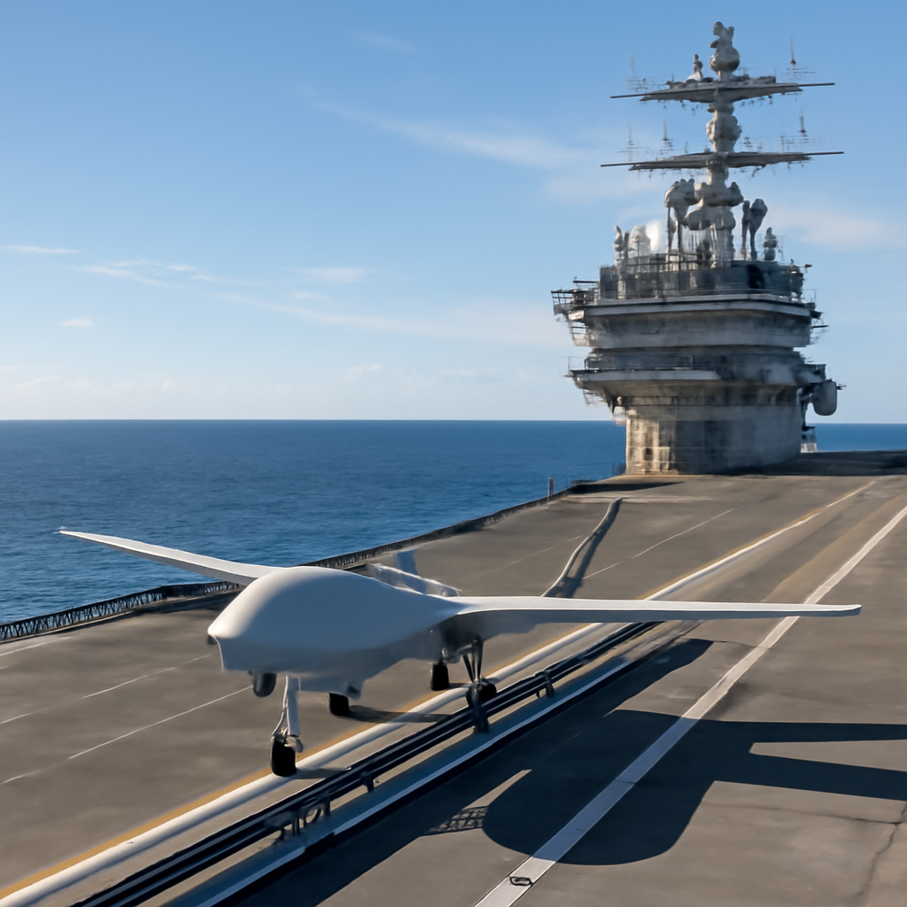 US Navy aircraft carrier at sea with drone on launchpad ready for takeoff.