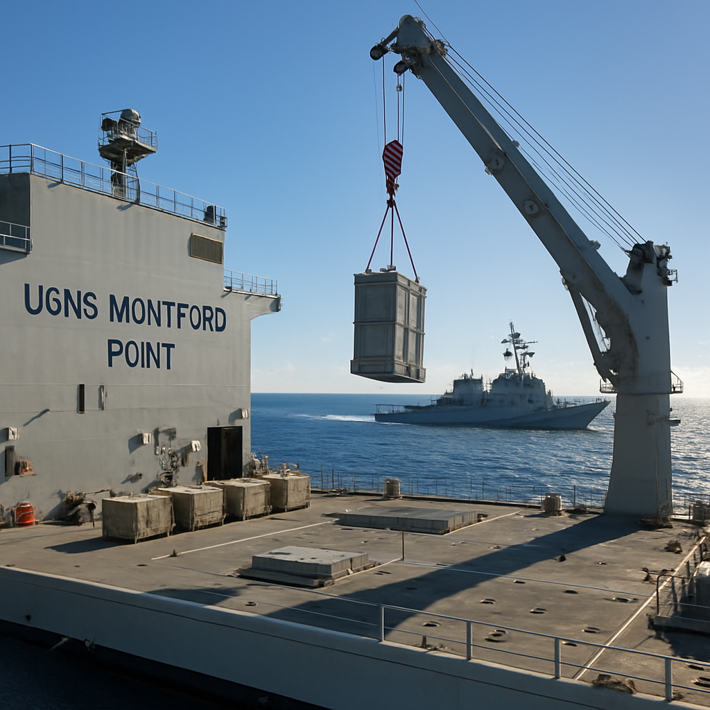 US Navy ship USNS Montford Point at sea with crane loading Vertical Launch System canister.