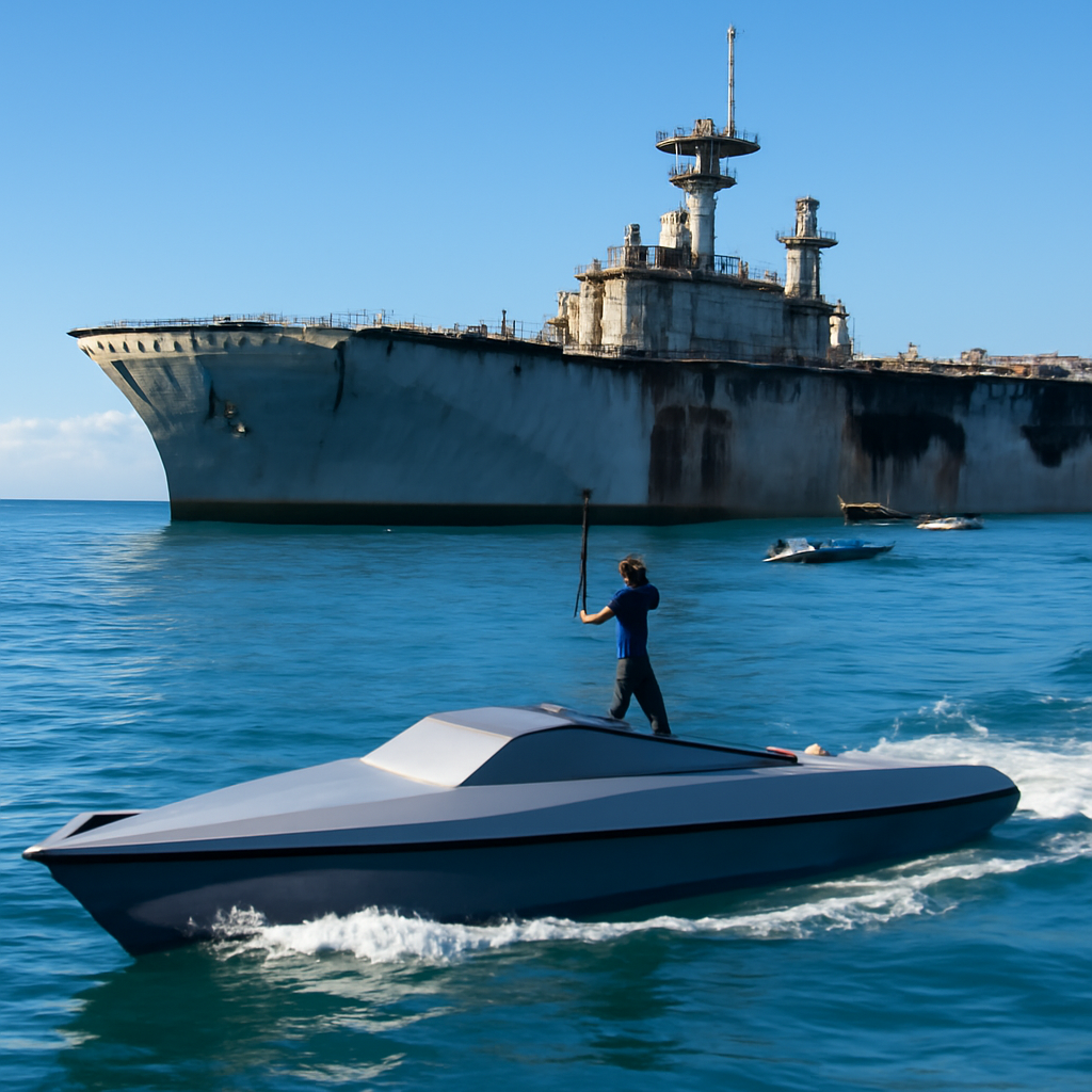 Drone boats operate in calm waters near a damaged ship with a clear blue sky in the background.