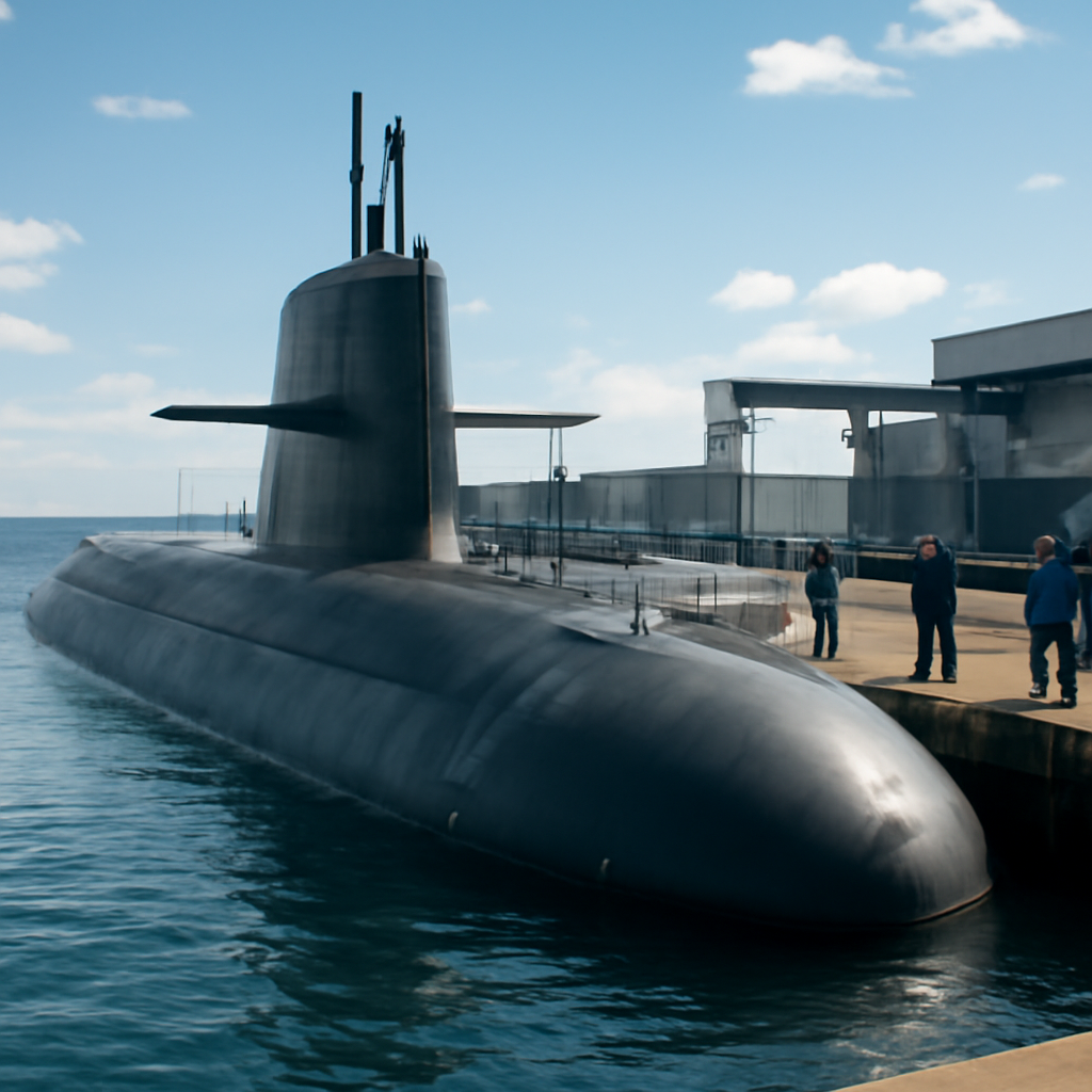 Modern submarine docked at naval shipyard with personnel nearby.