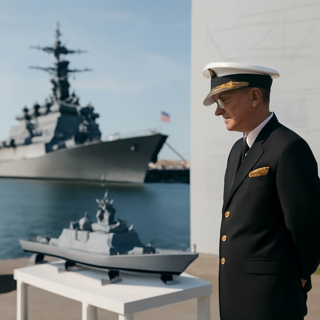 US Navy officer inspects small-scale frigate model on dock table.