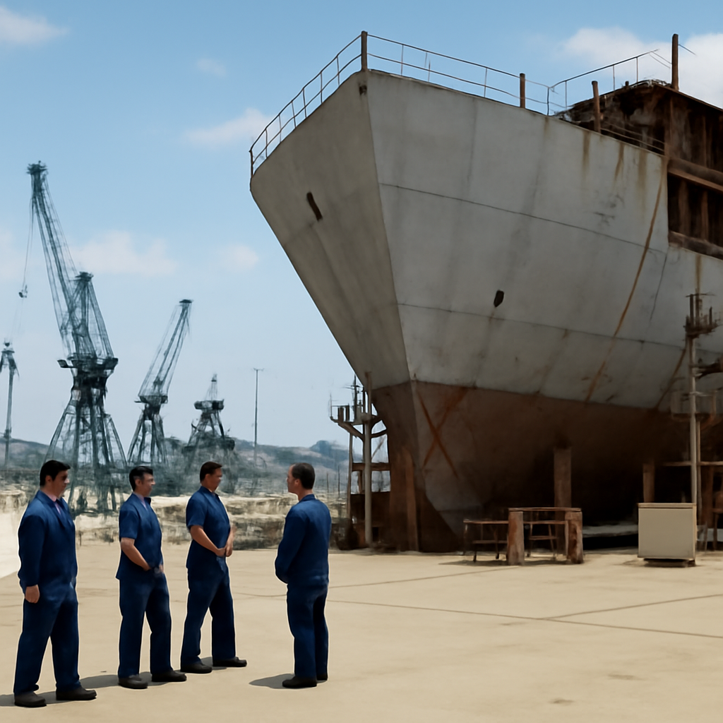 US Navy personnel stand near a partially-built ship hull in a brightly-lit naval shipyard or port.