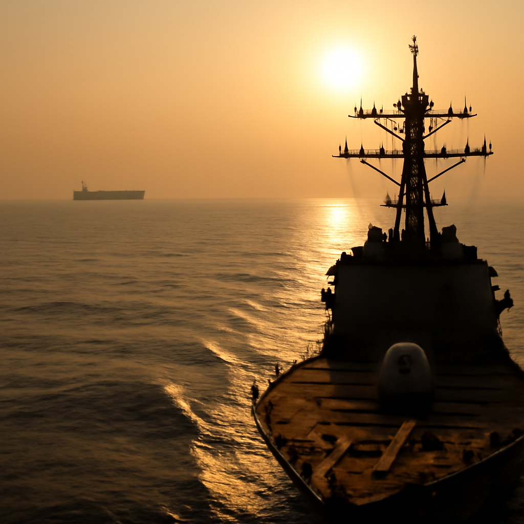 US Navy ship transits Strait of Hormuz with oil tanker in background.