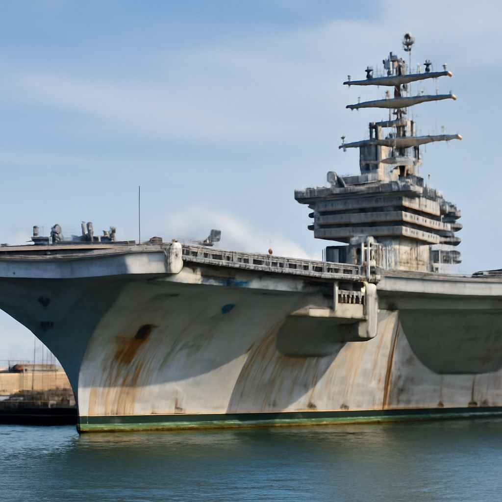 US Navy aircraft carrier USS Abraham Lincoln docked with rusty hull and algae growth.