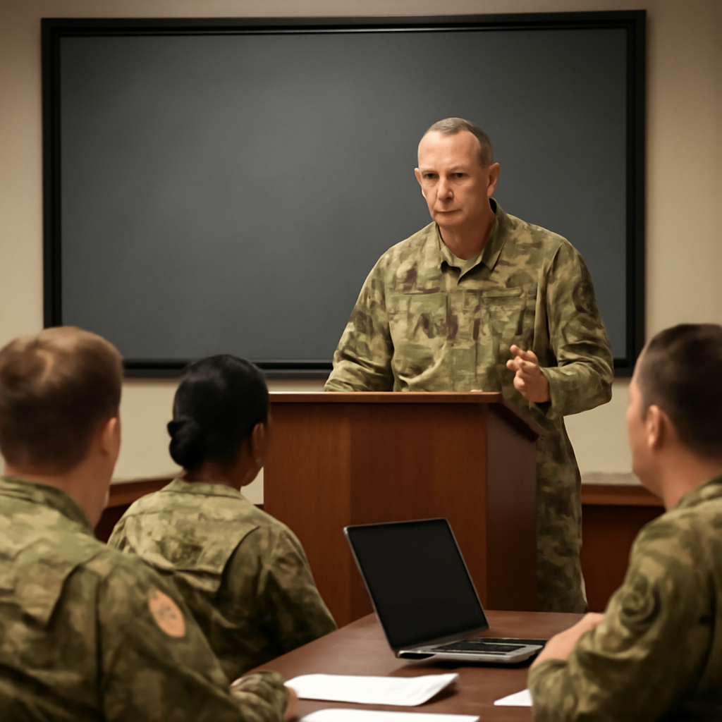 Military personnel gather around a table in a briefing room with a large screen display.