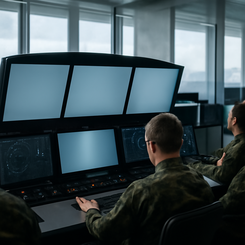 Secure command center with curved console, military personnel, and large windows overlooking cloudy sky.