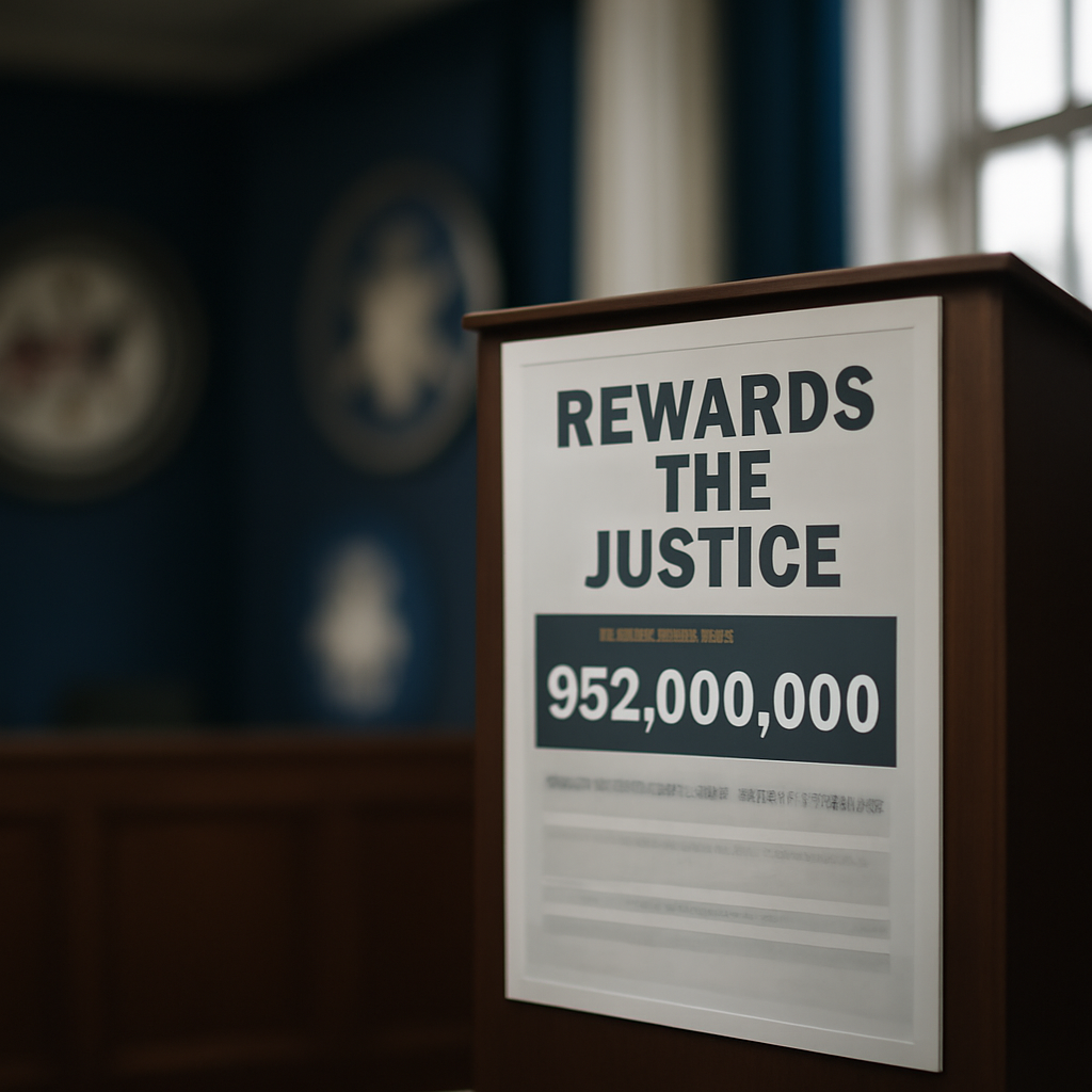 Rewards for Justice poster on podium in government briefing room with agency seals and daylight.