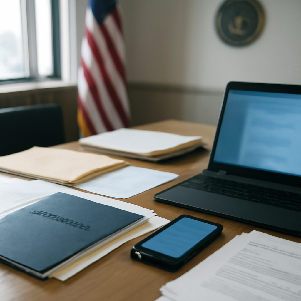 Government official's workspace with blurred smartphone screen on desk surrounded by papers.