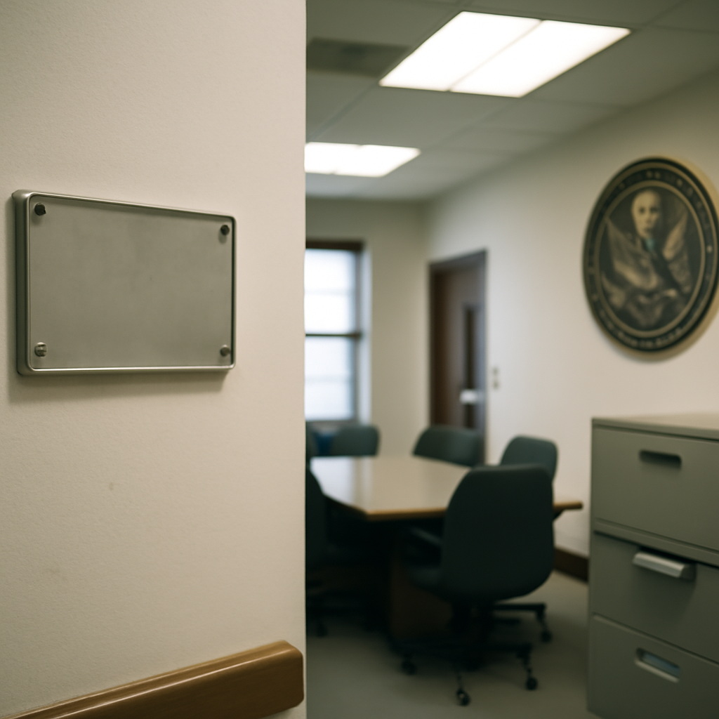 Federal agency building with partially removed plaque, hinting at disruption.