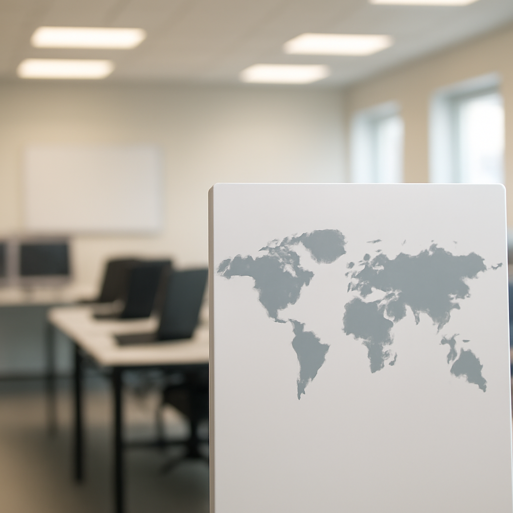 Technology facility with subtle globe representation, symbolizing export controls.