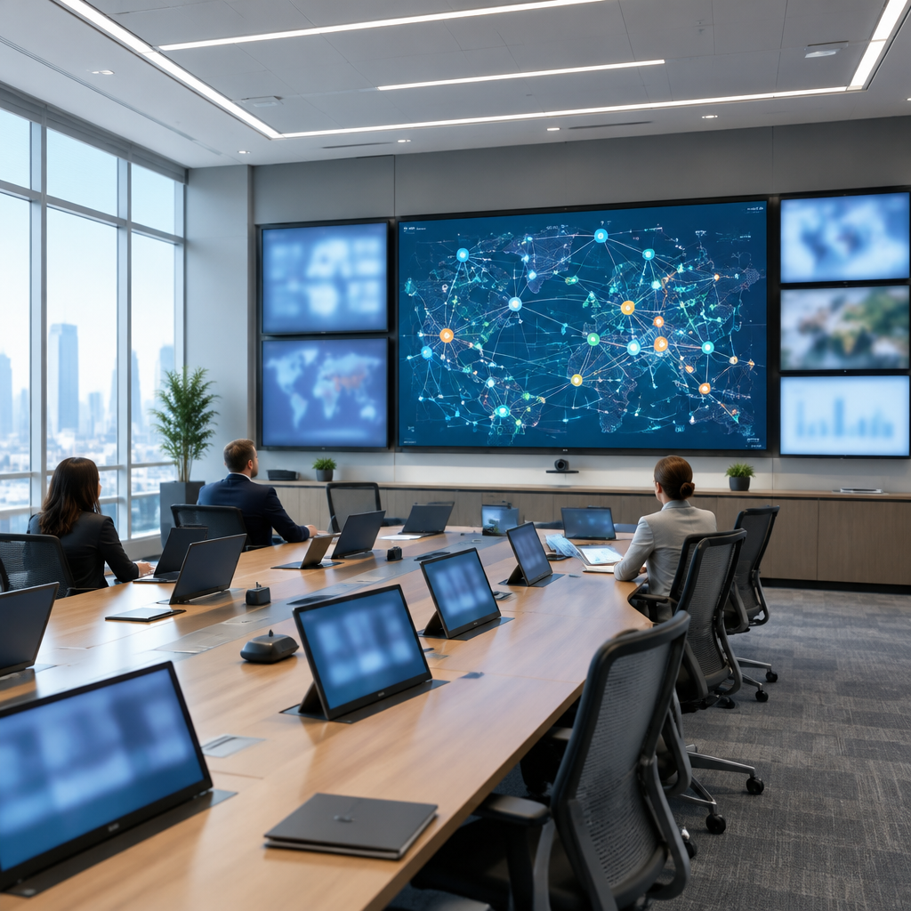 High-tech conference room with screens and computers displays a complex network diagram.