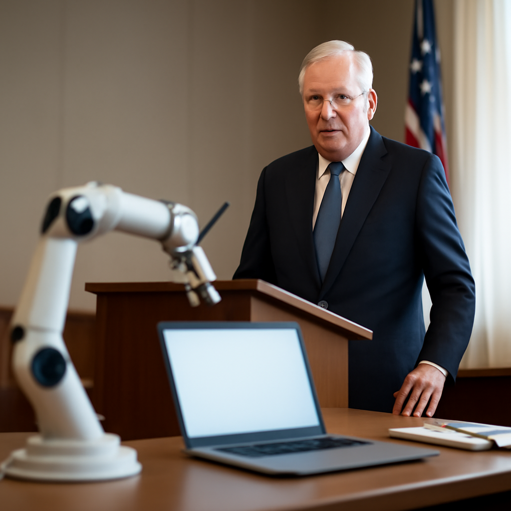 Person stands in a well-lit conference room with a focus on technology and policy.