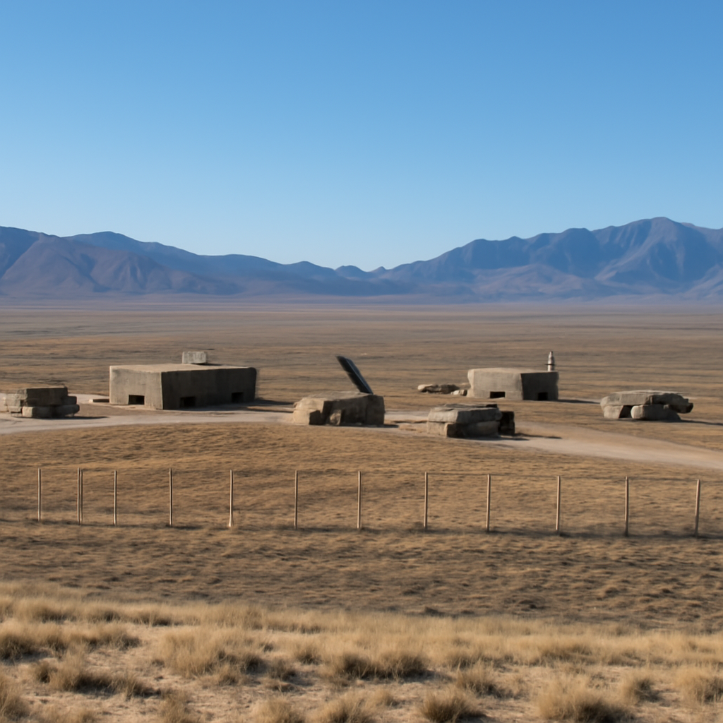 Vast open landscape with rolling hills, distant mountains, and a fenced testing range with military vehicles and facilities.