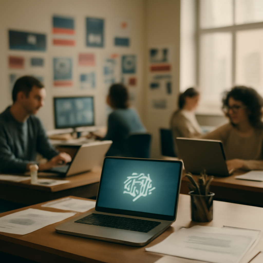 Campaign office workers surrounded by laptops and papers, with screens displaying data visualizations in soft, natural light.