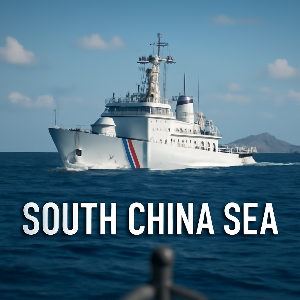 Naval vessel patrols South China Sea waters near distant island under clear blue sky.