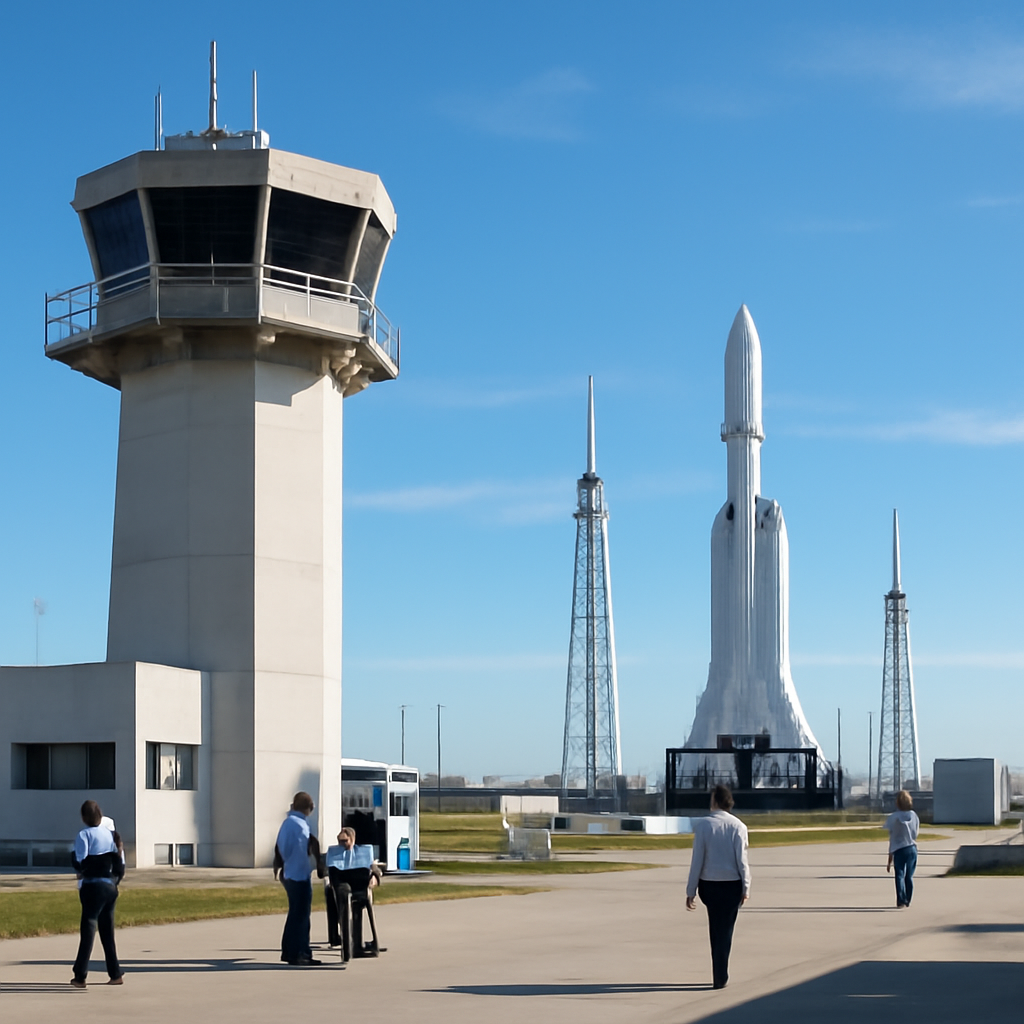 Launchpad with rocket in distance, air traffic control tower in foreground.