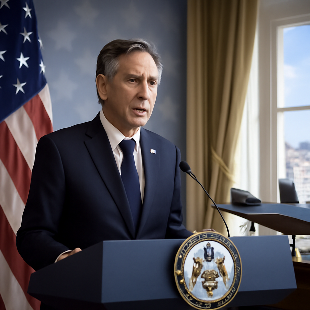 US Secretary of State speaks at a podium with a US flag pattern in the background, beside a fighter jet model, with a…