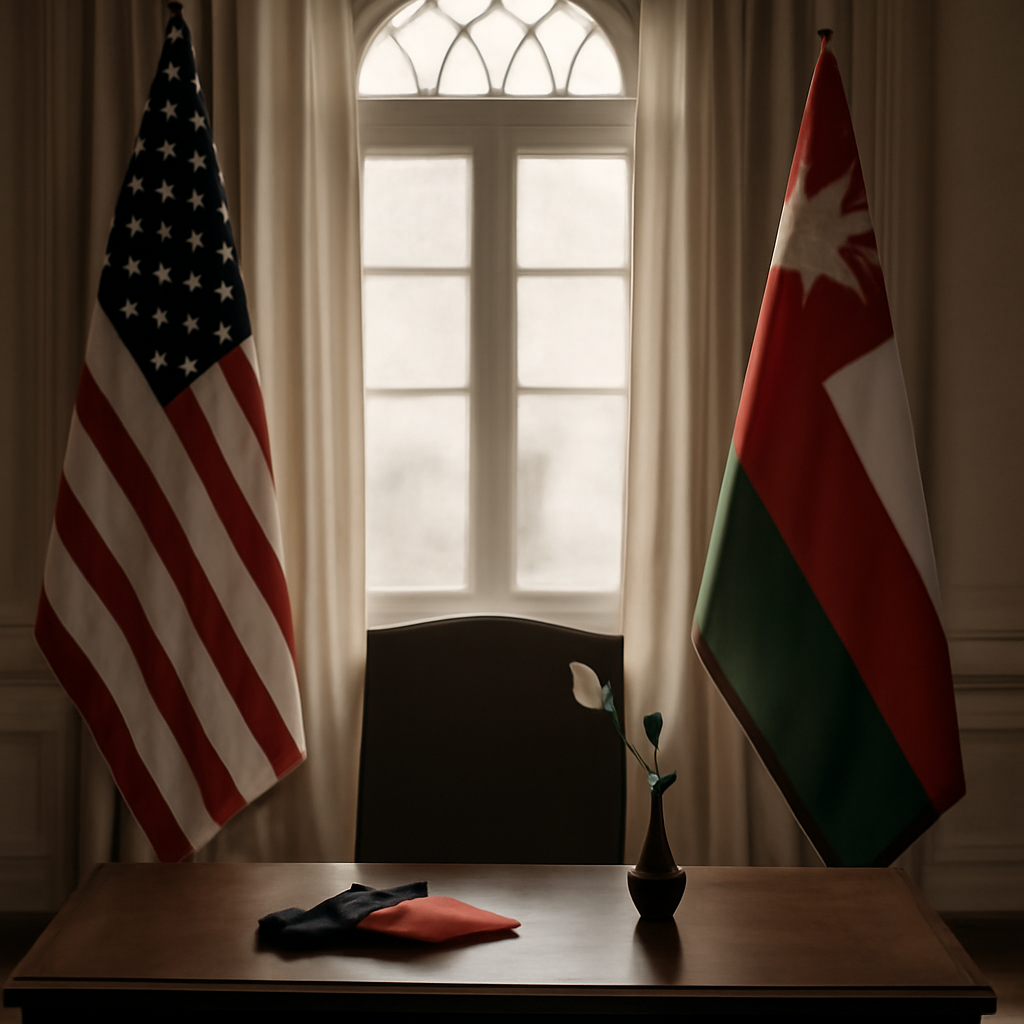 Formal meeting room with large window, conveying diplomatic tension.