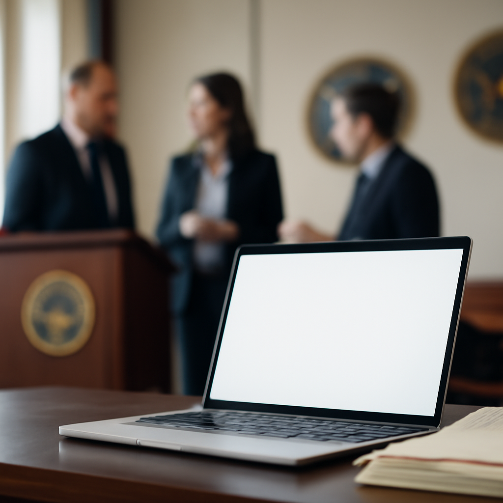 Formal government setting with podium and documents, under measured daylight.
