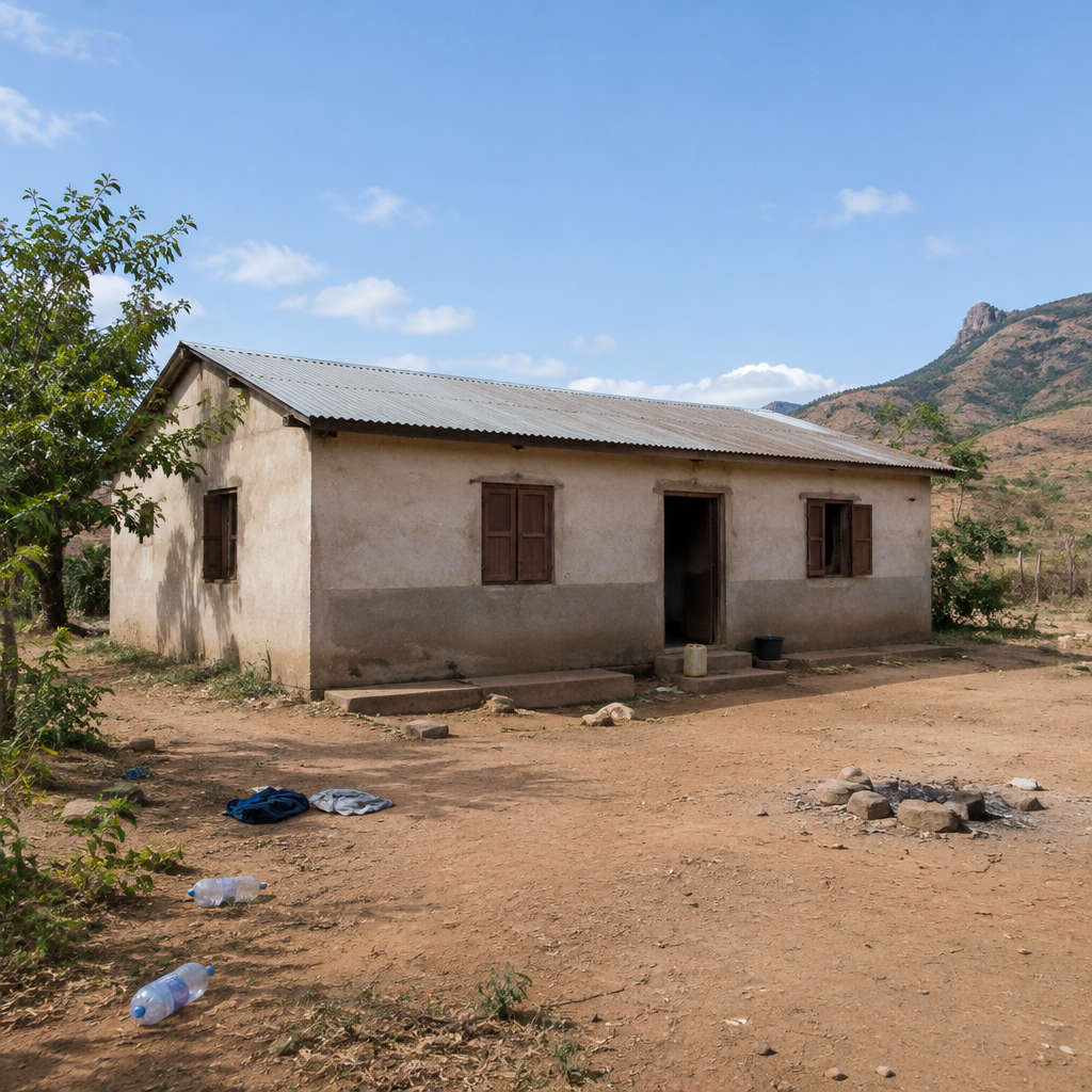 Serene rural scene in Madagascar with scattered items outside a simple, single-story building.