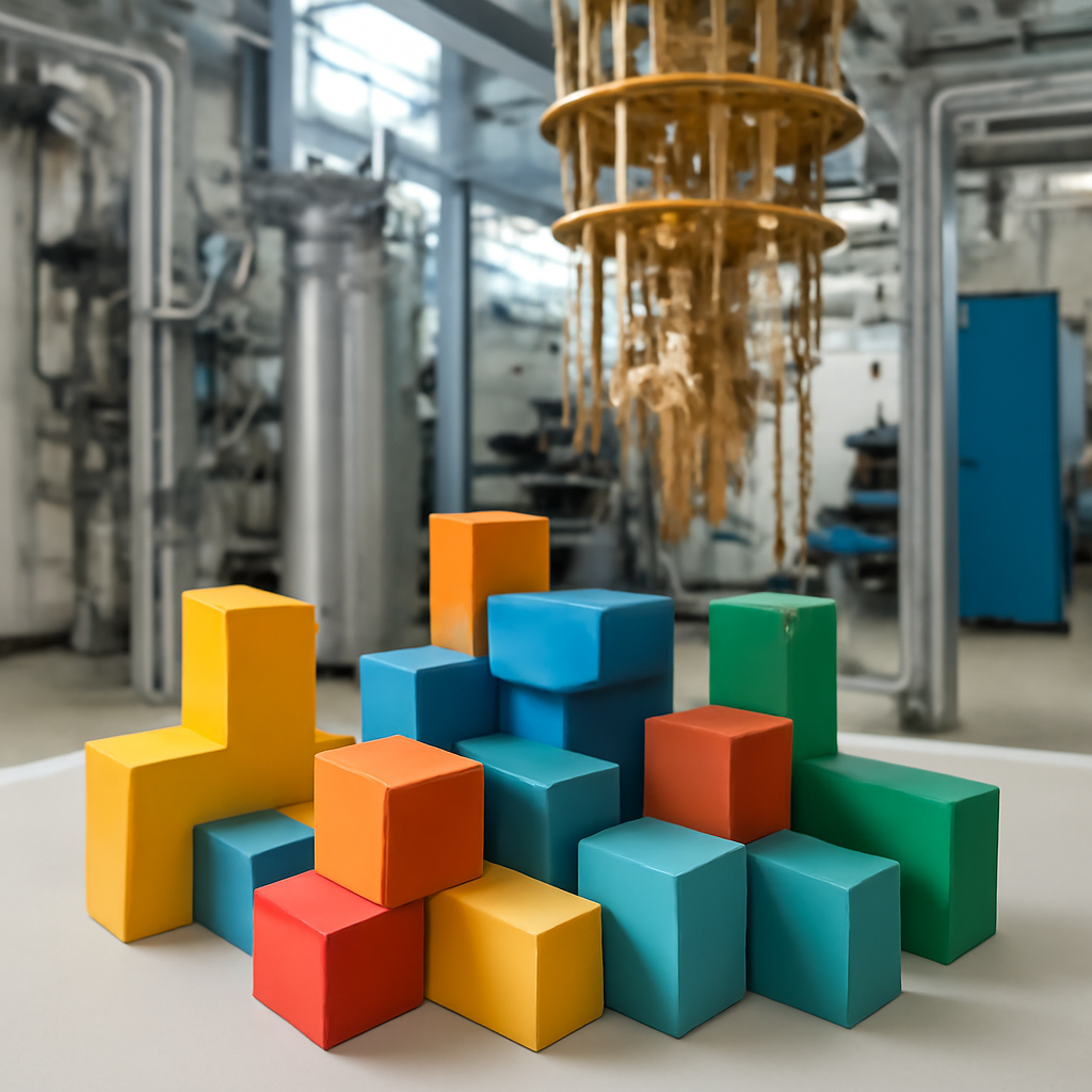 Complex quantum supply chain represented by interconnected blocks amidst industrial equipment.