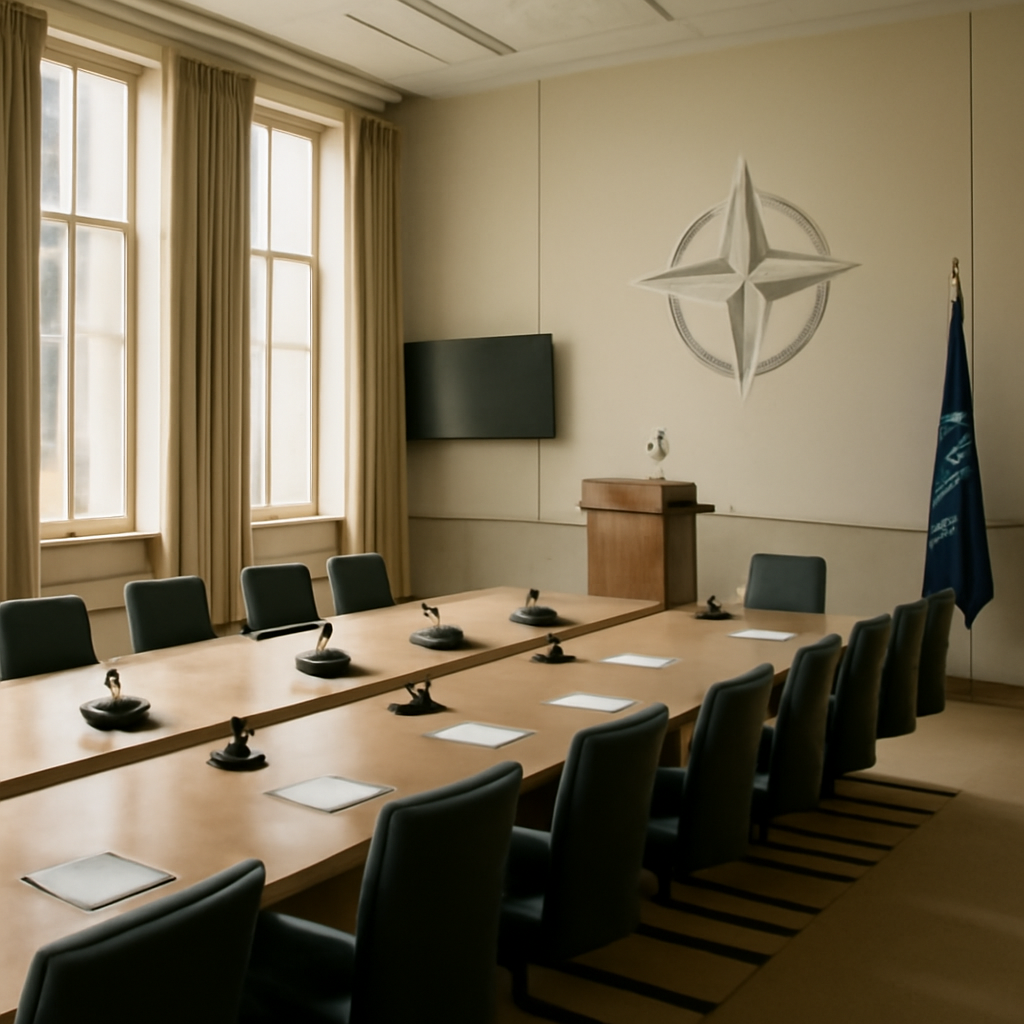 Formal meeting room with long table and chairs in a government or NATO building interior.