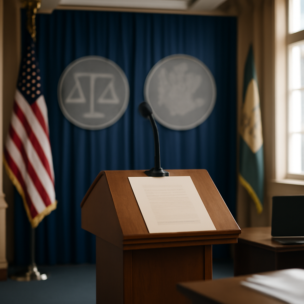 Government briefing room with podium, documents, and agency seals in background.