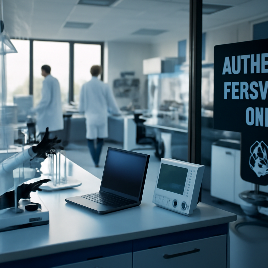 Modern laboratory with organized workbenches, microscopes, laptops, and scientific equipment in a bright, innovative setting.