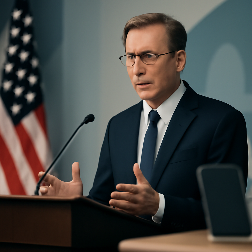 US official addresses cybercrime at podium with tech hint in background.