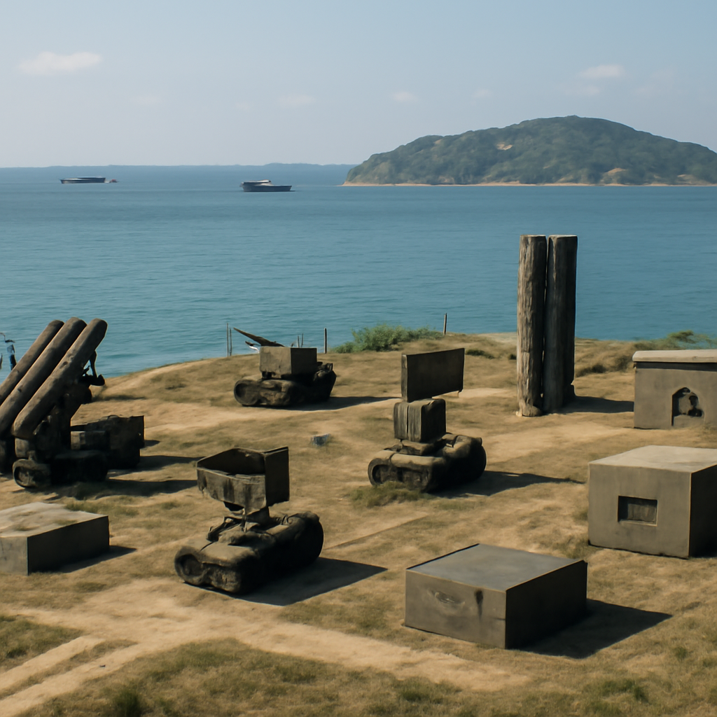 Military equipment and infrastructure on a coastal shore with island landscape.