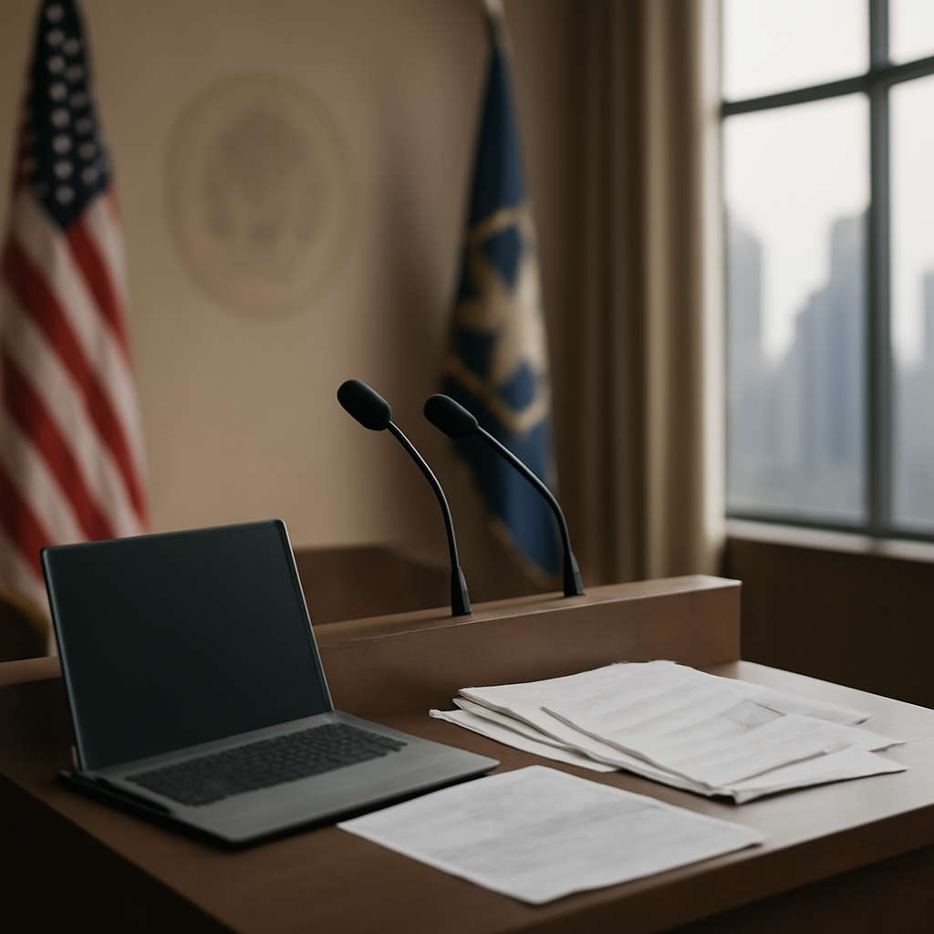 Formal government setting with podium and cityscape in background.