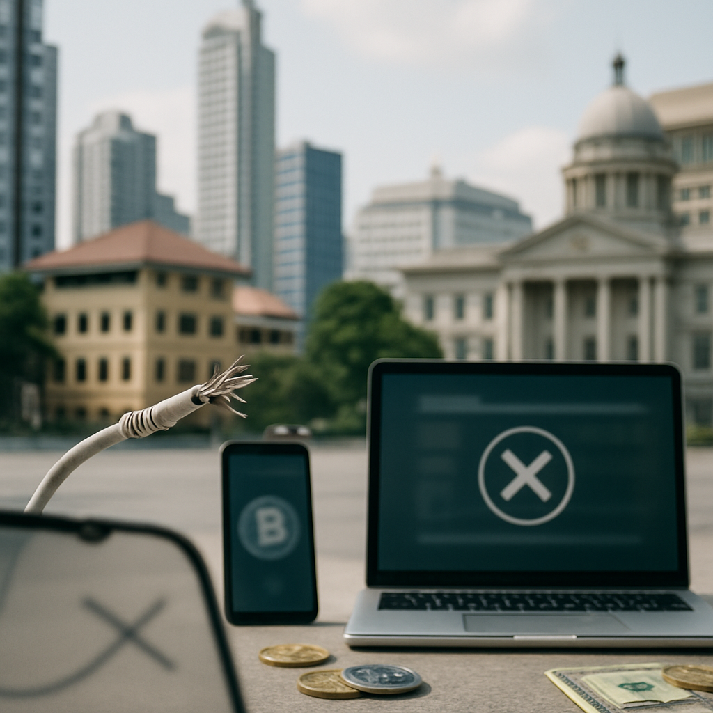 Southeast Asian cityscape with disrupted financial symbols.