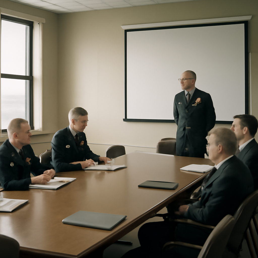 Military personnel in formal attire gather around a large table in a briefing room with a blank screen and window.