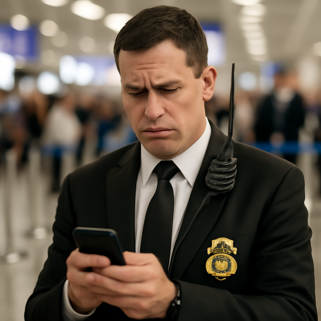 Secret Service agent in airport terminal looks concerned at personal smartphone.