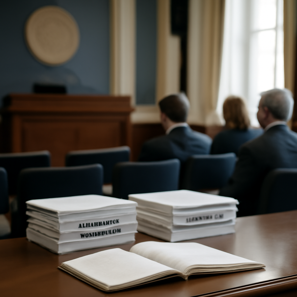 Government officials gather in a formal hearing room with daylight pouring in through tall windows.